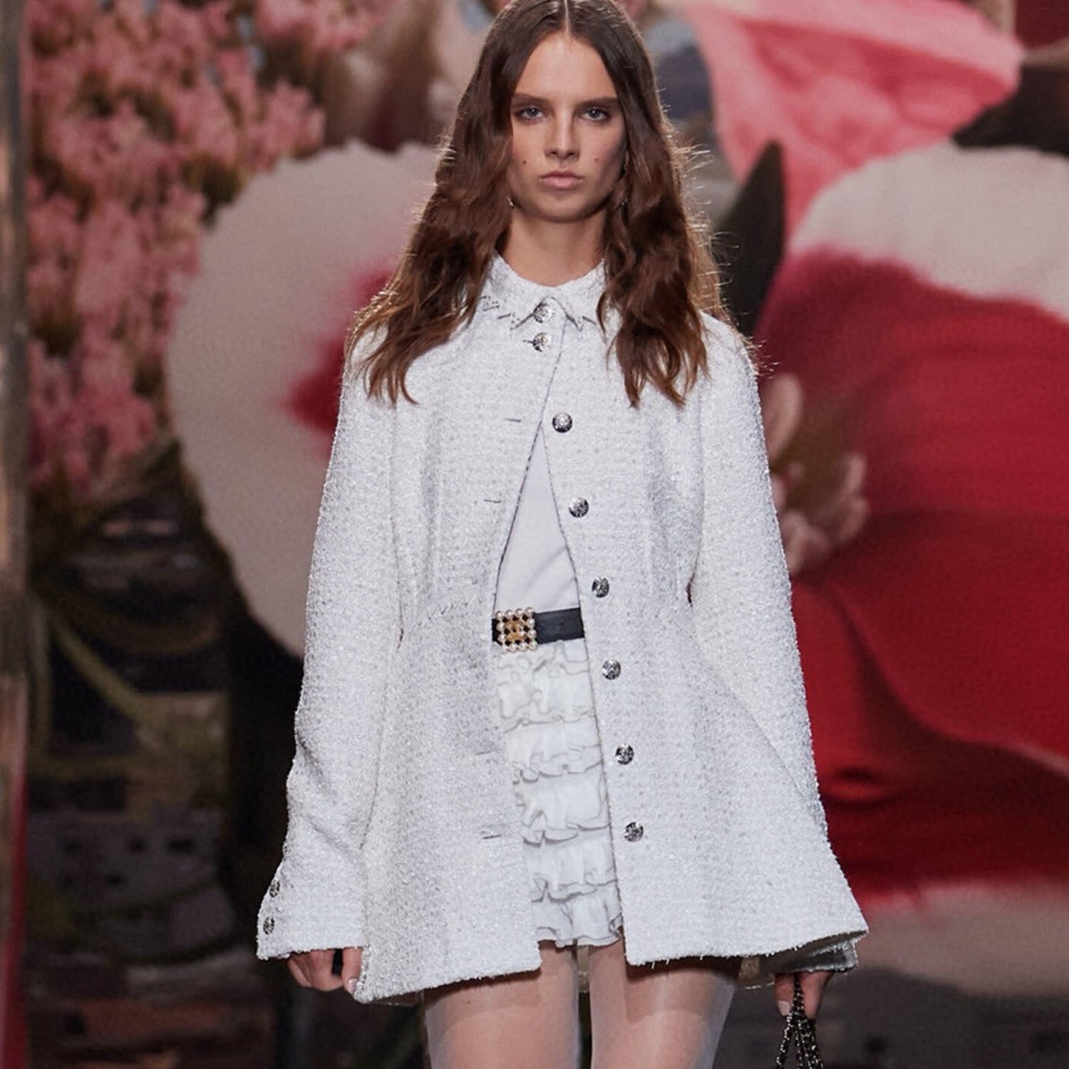 Women's Spring And Autumn White Sequin Lapel Single Breasted Coarse Tweed Waist Jacket Dress Ngvp #8526