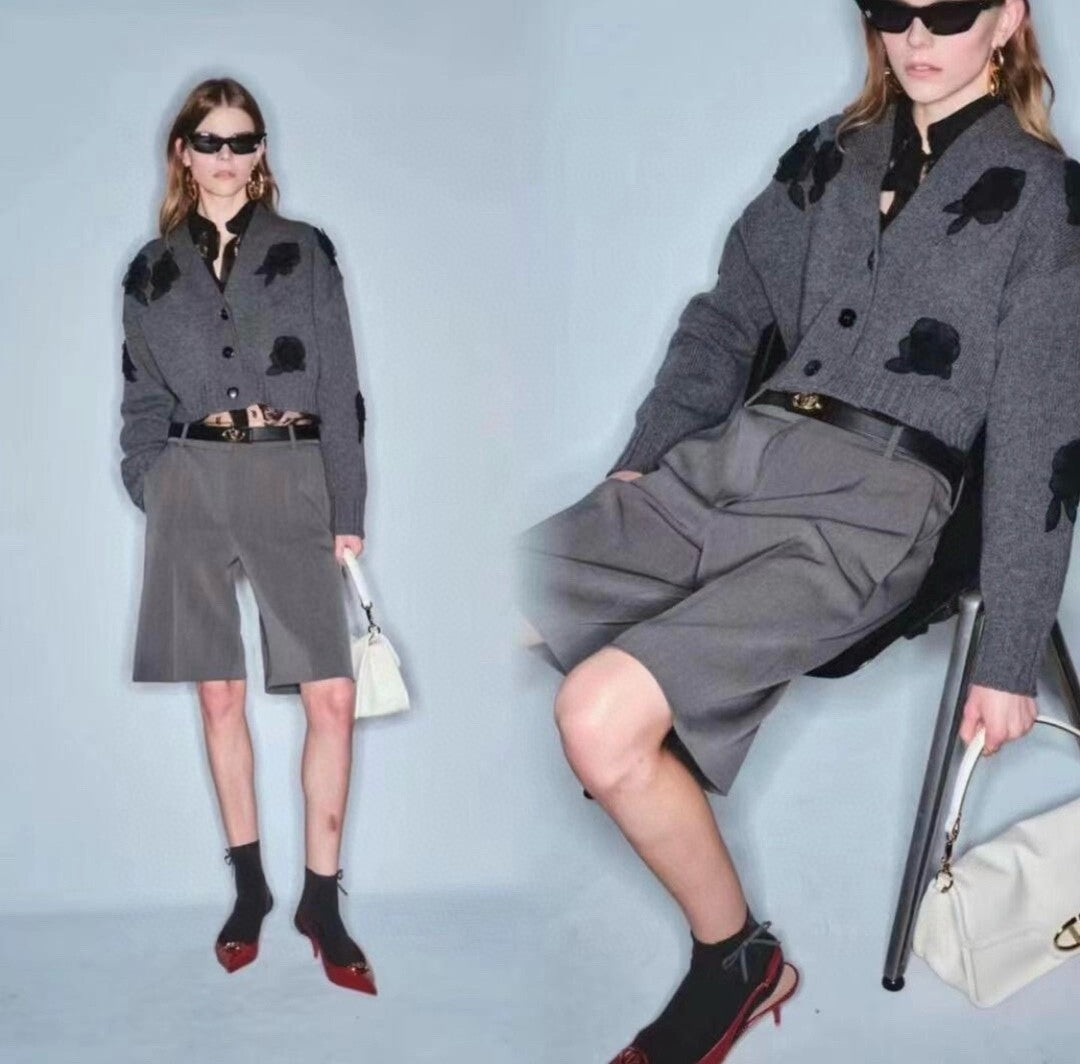 Women's Spring And Autumn Rose Embroidery Single Breasted V-Neck Gray Long Sleeve Cardigan Wool Sweater Ngvp #9476