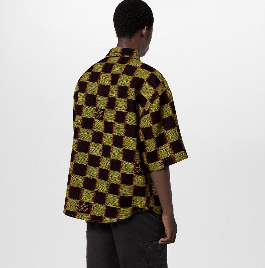 Men's Summer Yellow Logo Printed Lapel Single Breasted Short Sleeve Wool Shirt #98437