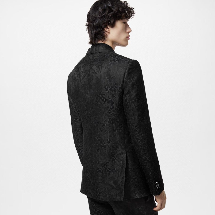 Men's Black Full Logo Printed Single Breasted Cotton Long Sleeve Jacket Coat Blazer Pants Suit Set #98784