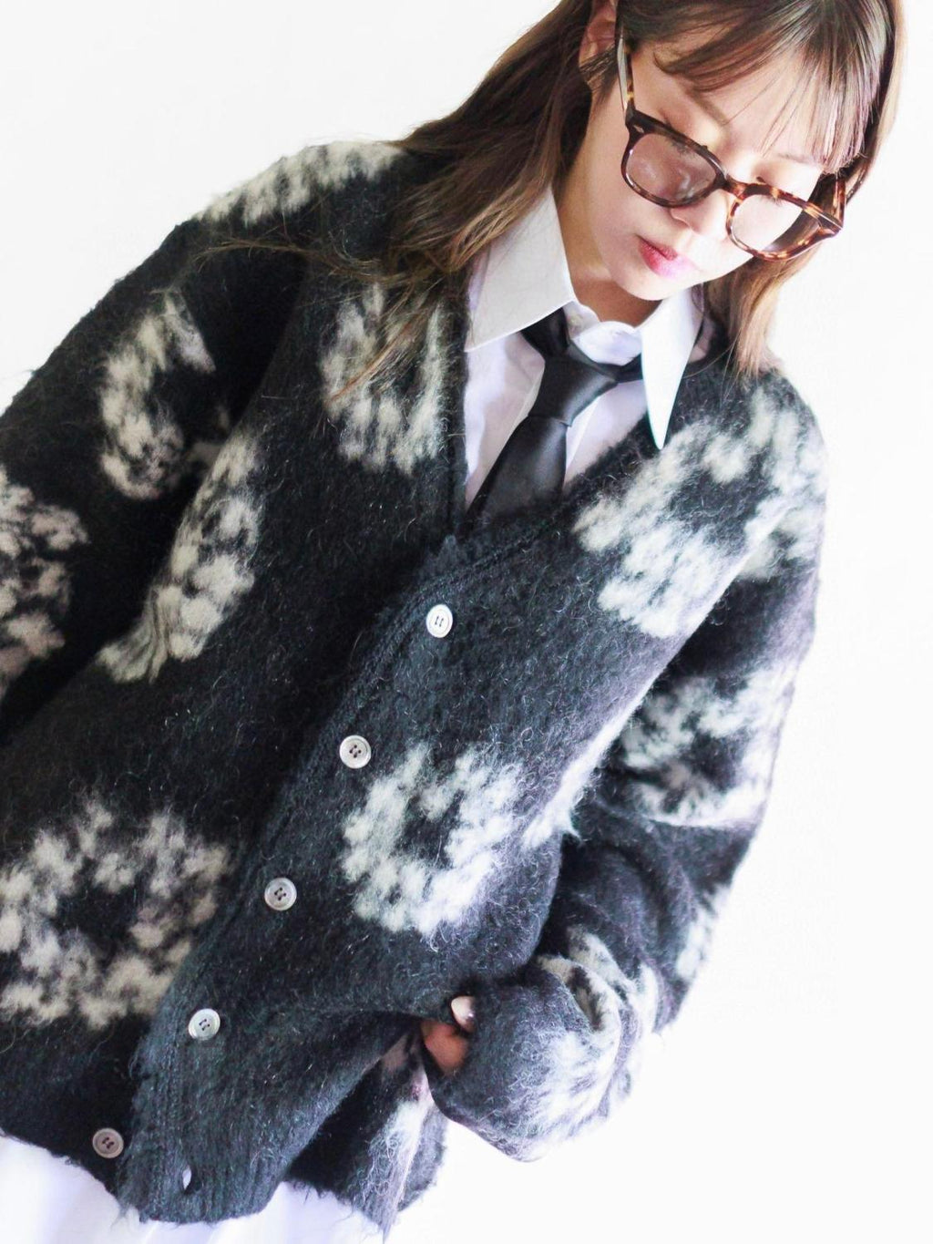 Denim Tears X Saint Michael Men's Vintage Black And White Kapok Wool Knit Sweater Fashion Casual Mohair Cardigan Single Breasted Knitted Jacket Ngvp #9824