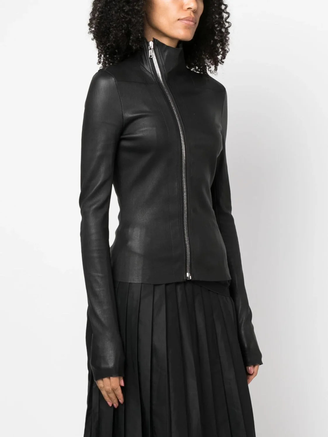 Women's Spring And Autumn Solid Color Lambskin Asymmetric Zipper Slim Long Sleeve Leather Jacket Ngvp #9176