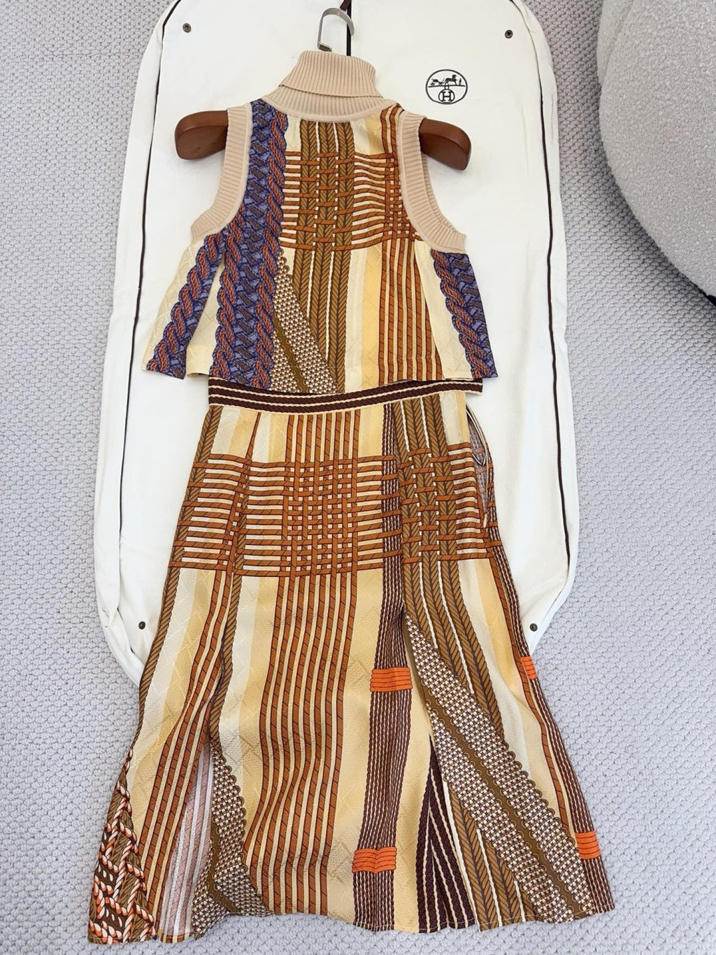 Women's Spring/Summer 2026 Silk printed check pattern Knitted and silk patchwork Shirt dress Suit Set #82539A