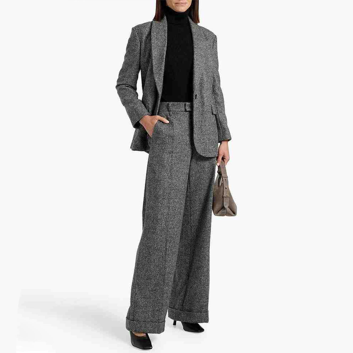 Women's Autumn and Winter Dark Grey Long Silhouette Wool Suit Jacket Straight Fashion Casual Pants Wool Suit Two Piece Set  #71685