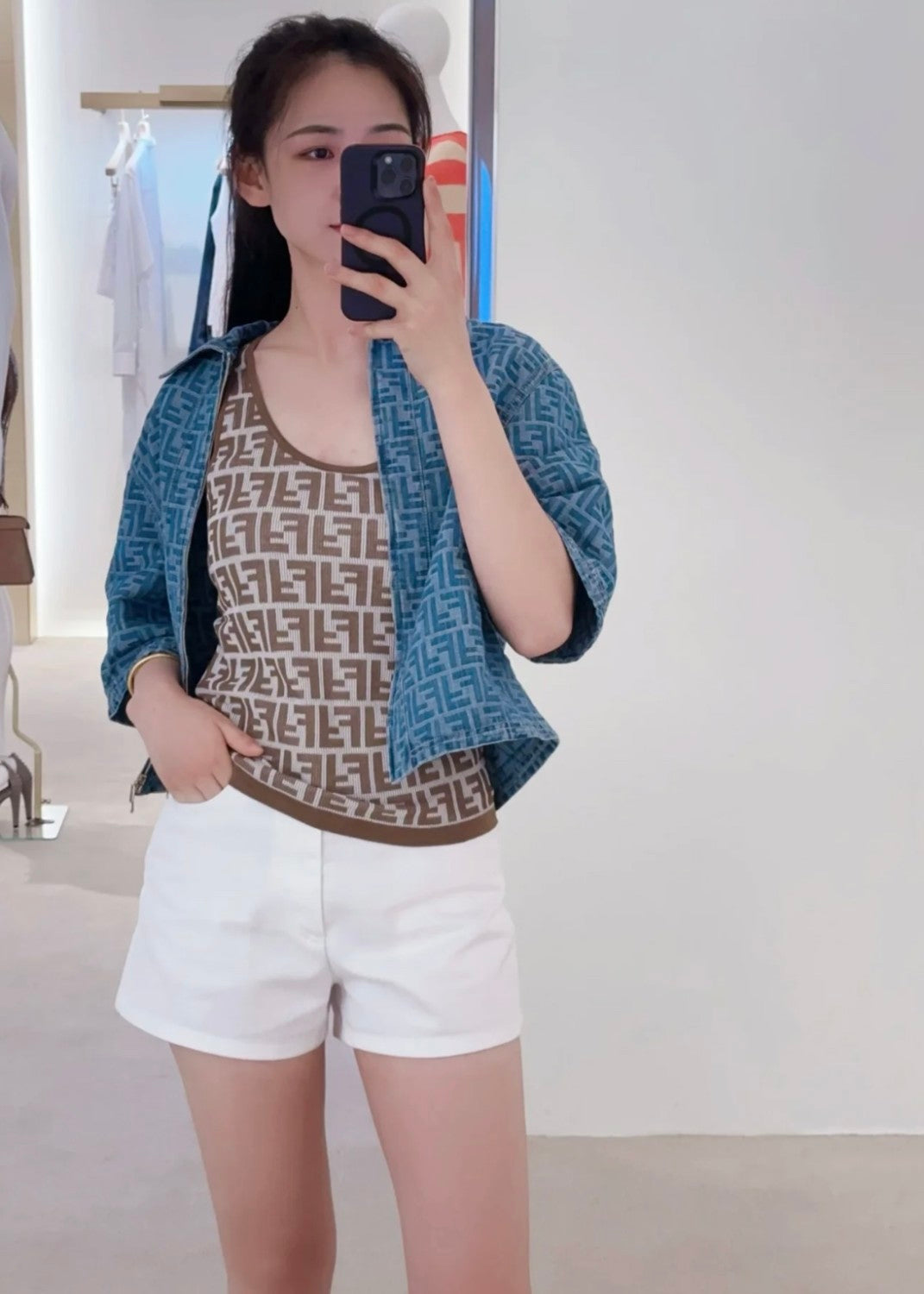 Women's Summer Brown FF Print Cotton Knit Top Fitted Sleeveless Vest #71529