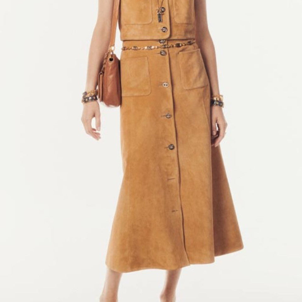 Women's Spring. Autumn And Winter Single-Breasted Short Long-Sleeved Solid Color Fitted Cowhide Leather Jacket Casual V-Neck Sleeveless Vest Medium-Length Leather Long Skirt Suit Set Ngvp #9321