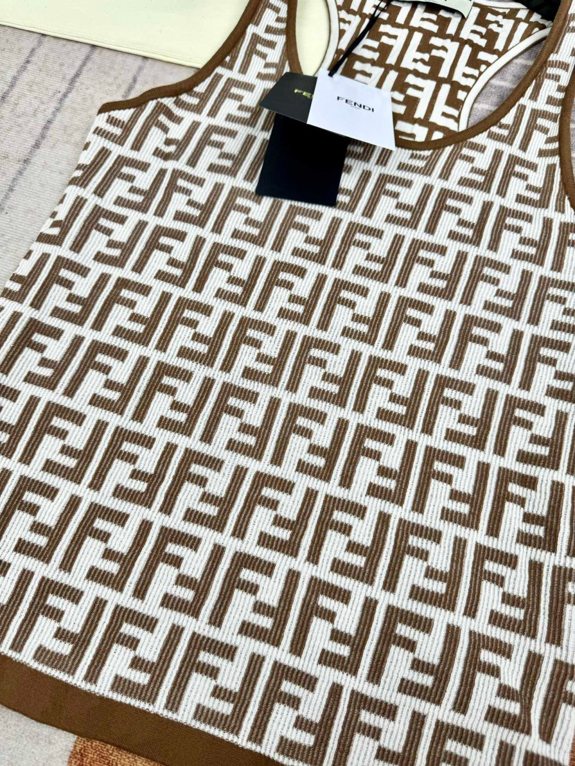 Women's Summer Brown FF Print Cotton Knit Top Fitted Sleeveless Vest #72933