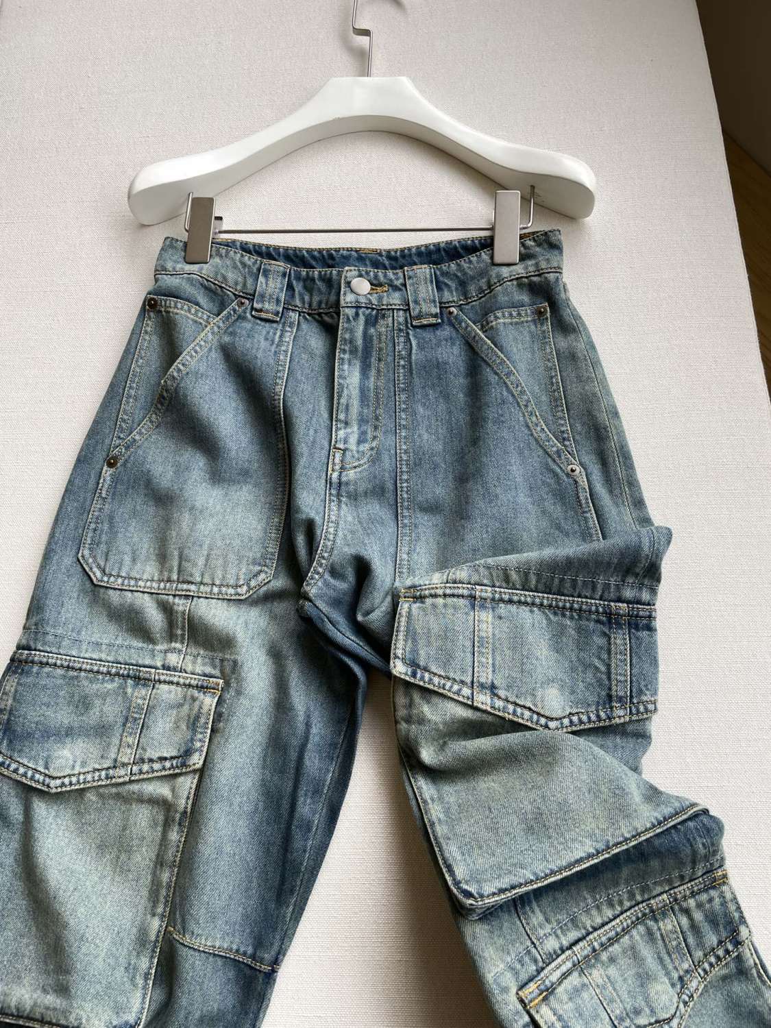 Golden Goose Women's Four-Season Loose-Fit Cotton Blend Low-Waist Zipper Work Pants Vintage Multi-Pocket Solid Color Casual Denim Pants Ngvp #2127