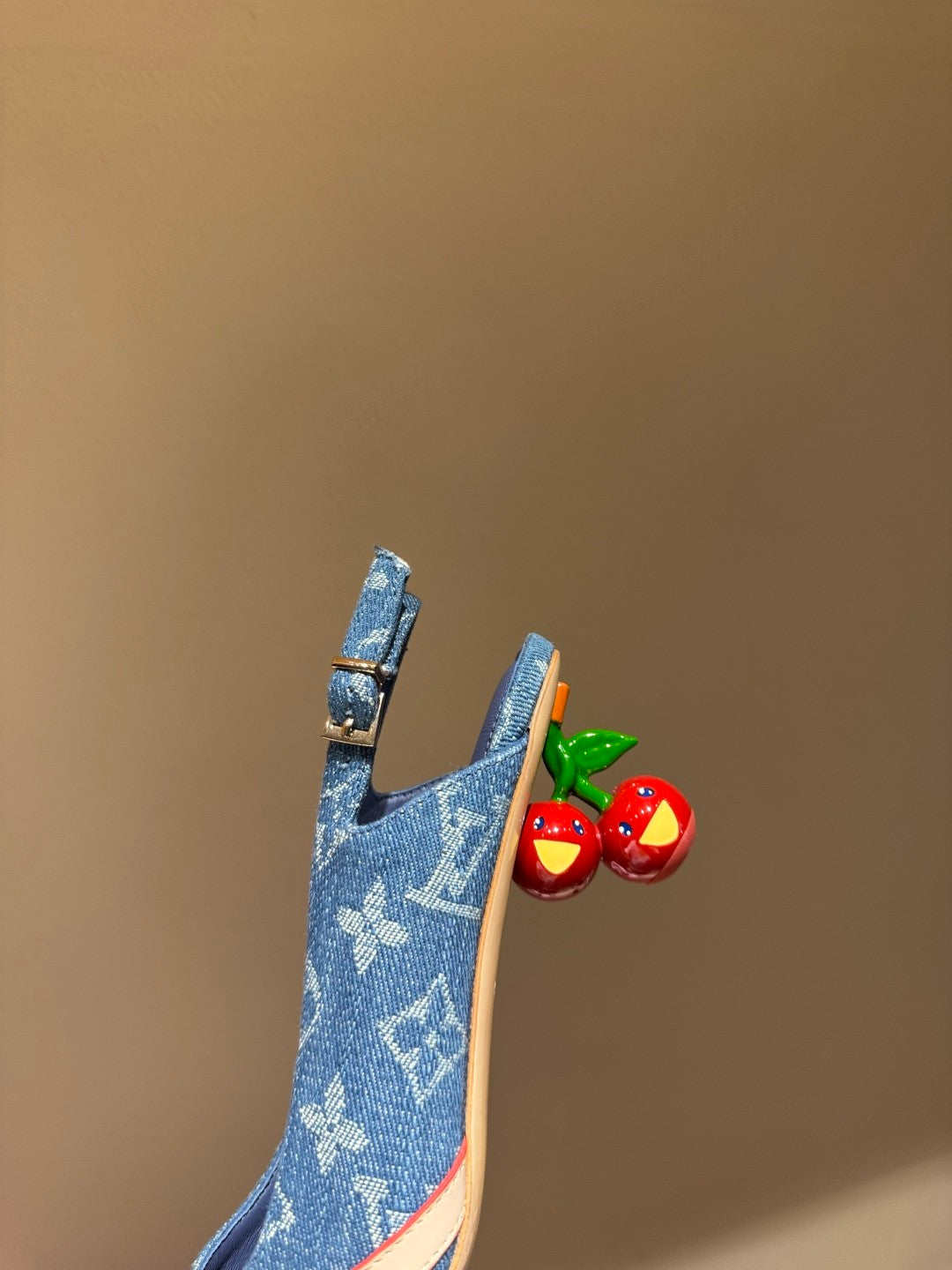 Women's Pointed Denim Print Metal Buckle Fine Heel Cherry Heel Retro Solid Color High Heels Casual Slippers Shoes #77858