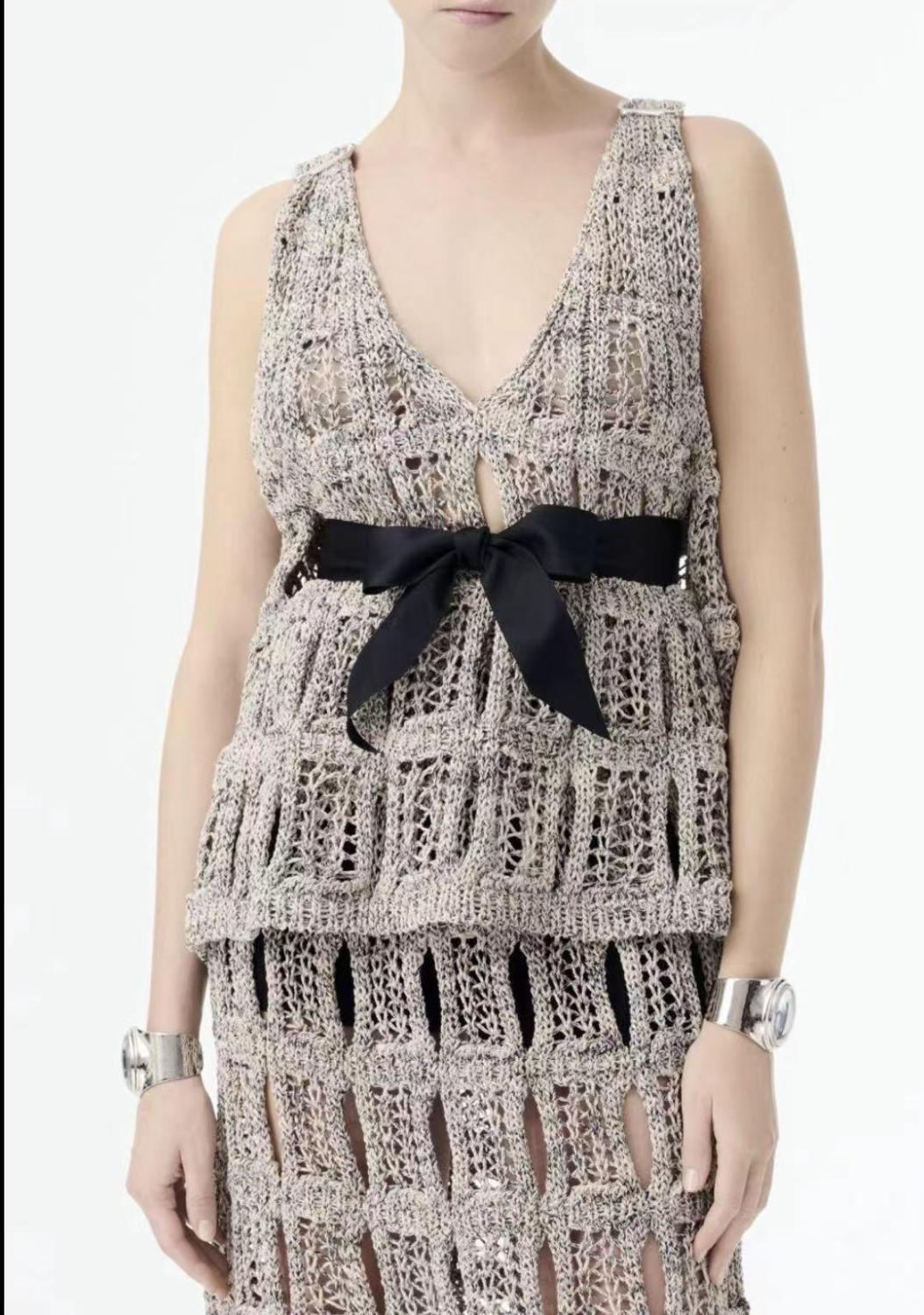 Women's Spring And Summer High Street Cotton Silk Hollow Bow Decoration V-neck Sleeveless Vest Casual Medium-length Knitted Half Skirt Ngvp #1526