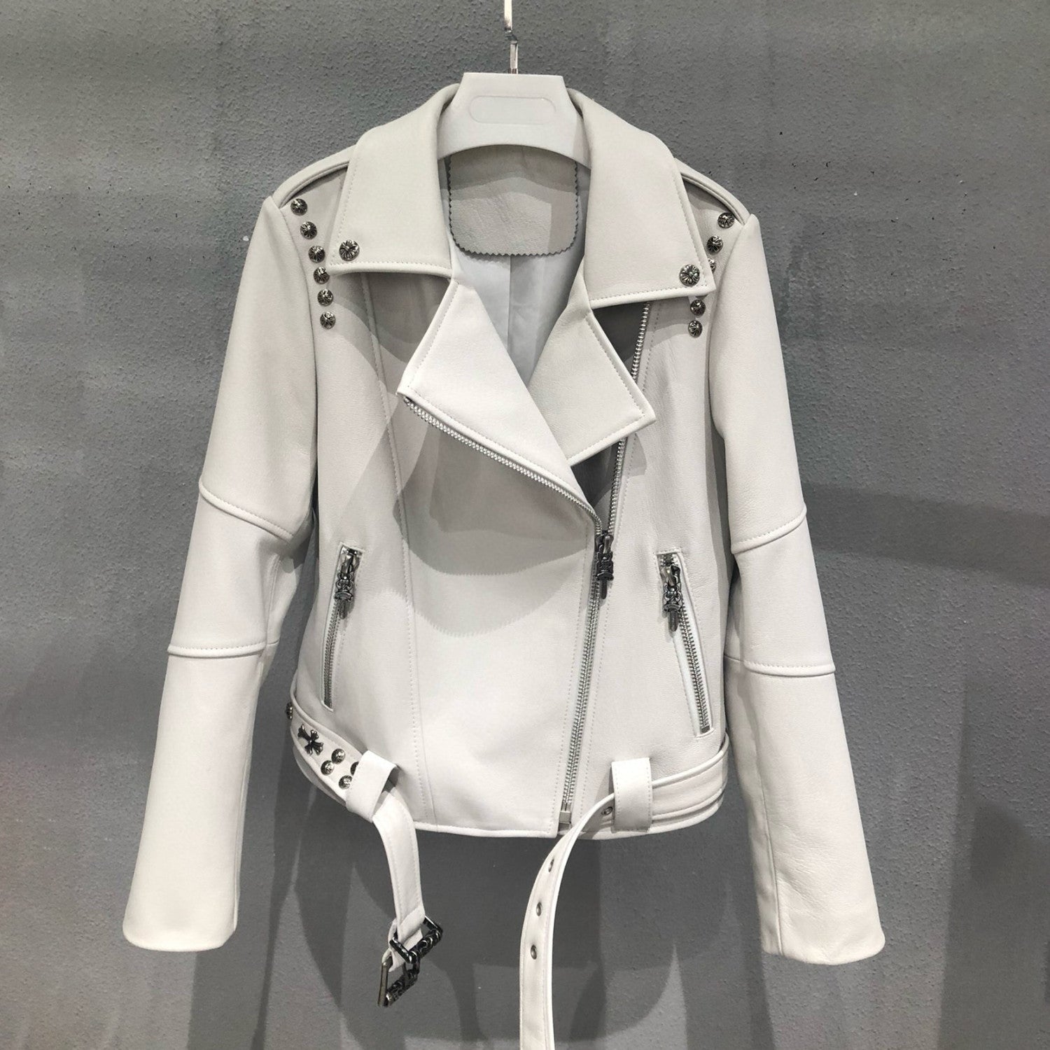 Women's Autumn and Winter Solid Color Slant Zipper Sheepskin Long Sleeve Lapel Biker Jacket #98463