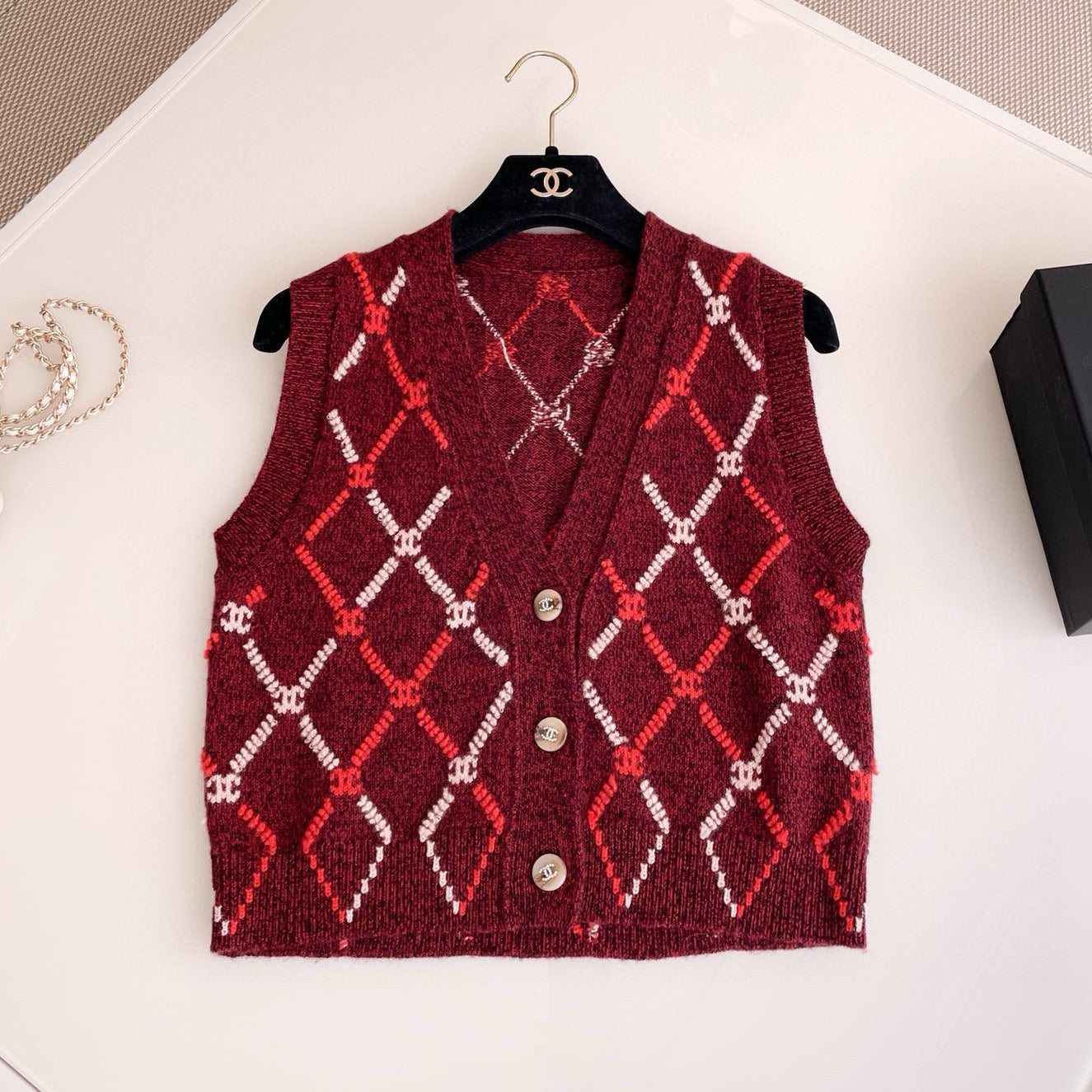 Women's Spring and Autumn Plaid Cashmere Crochet Two-color Knit Single-breasted Vest Jacket #73197