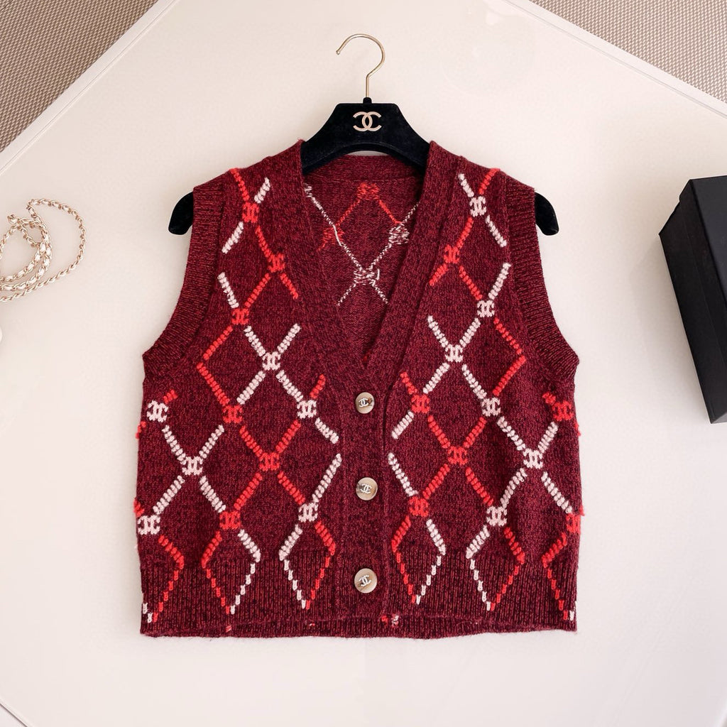 Women's Spring and Autumn Plaid Cashmere Crochet Two-color Knit Single-breasted Vest Jacket #73197