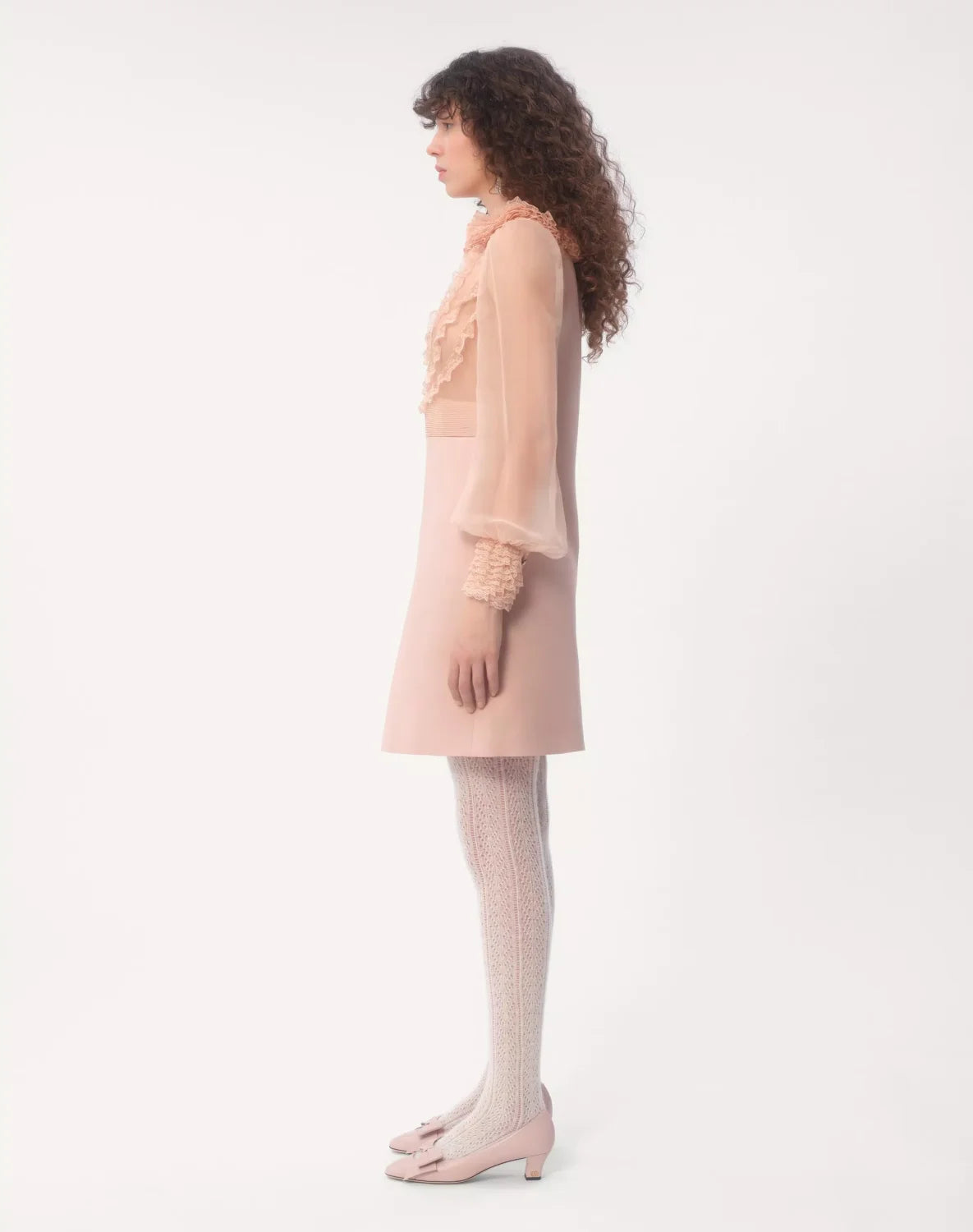 Women's Spring And Summer Embroidered Crepe Couture Round Neck Solid Color Lace A-Line Short Long-Sleeved Silk Dresses Ngvp #9815