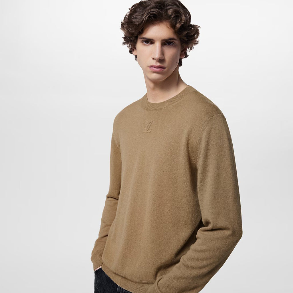Men's Spring And Fall Solid Color LV Embossed Round Neck Long Sleeve Fitted Pullover Cashmere Sweater  #72183