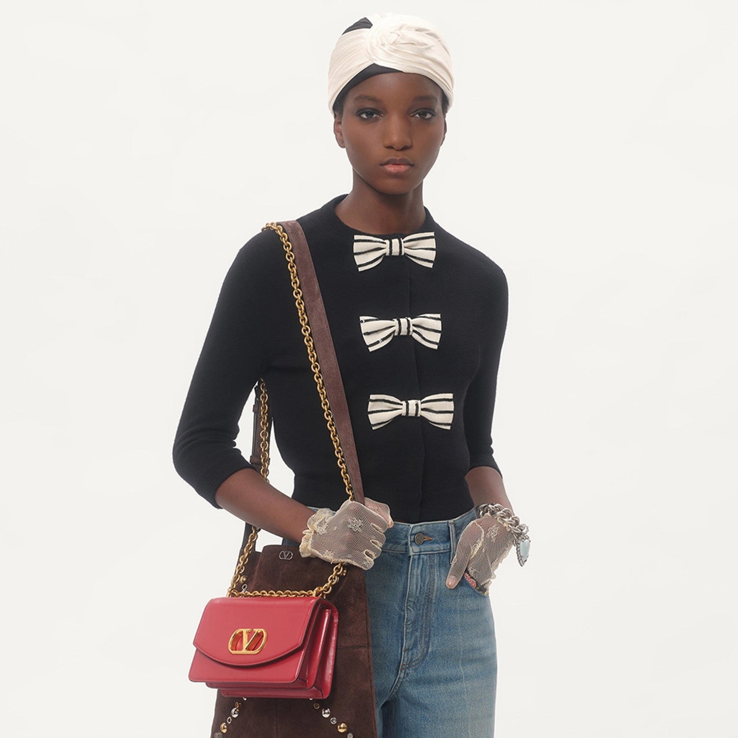 Women's Embroidery Bow Cardigan Black Wool Knit Medium Sleeve Round Neck Temperament Elegant Casual Top T-shirt Ngvp #1339