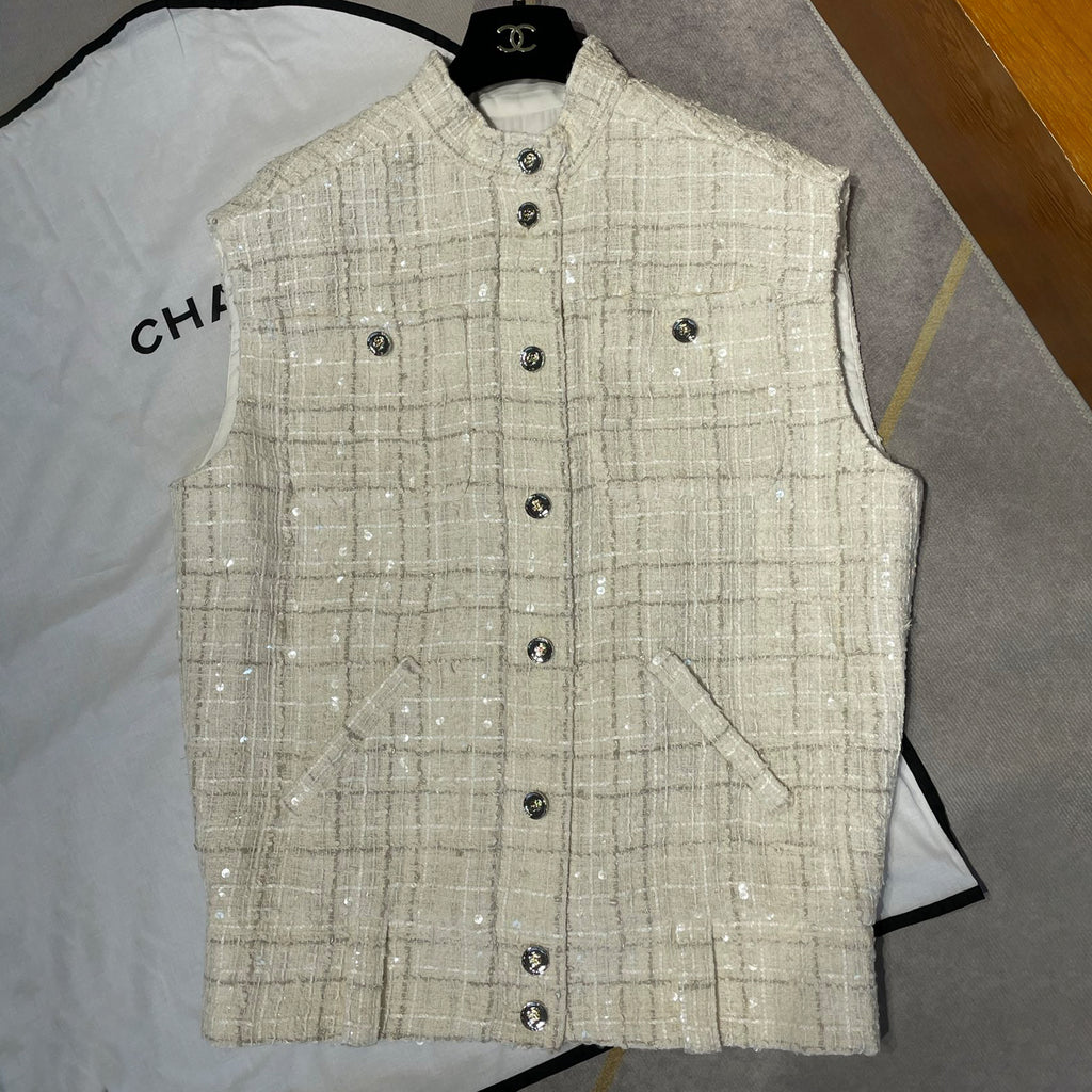 Women's Spring And Summer Sequins Tweed Single-breasted Vest Jacket Fashion Elegant Chic White Button Vest Ngvp #1971