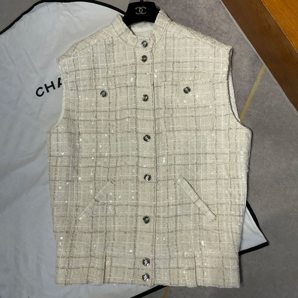 Women's Spring And Summer Sequins Tweed Single-breasted Vest Jacket Fashion Elegant Chic White Button Vest Ngvp #1971