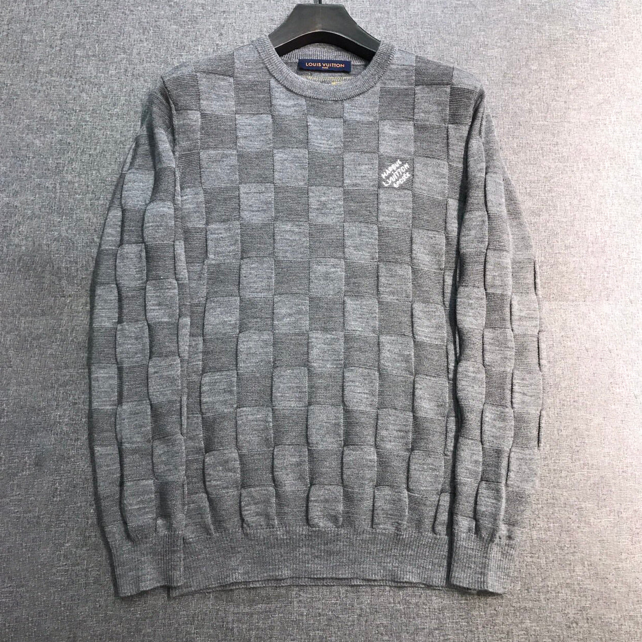 Men's Spring and Autumn Solid Color Check Printed Wool Round Neck Long Sleeve Knitted Sweater #74211