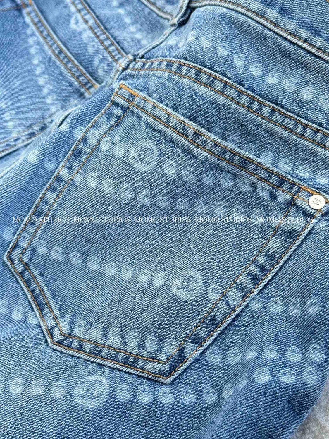 Women's Spring and Autumn Blue Printed Washed Cotton Button Straight Long Jeans Pants #75498