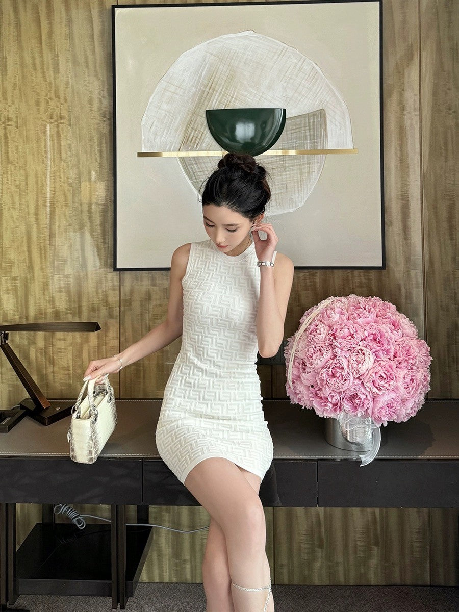 Women's Spring/Summer Solid Color Monogram Printed Round Neck Knit Sleeveless Dresses #72621