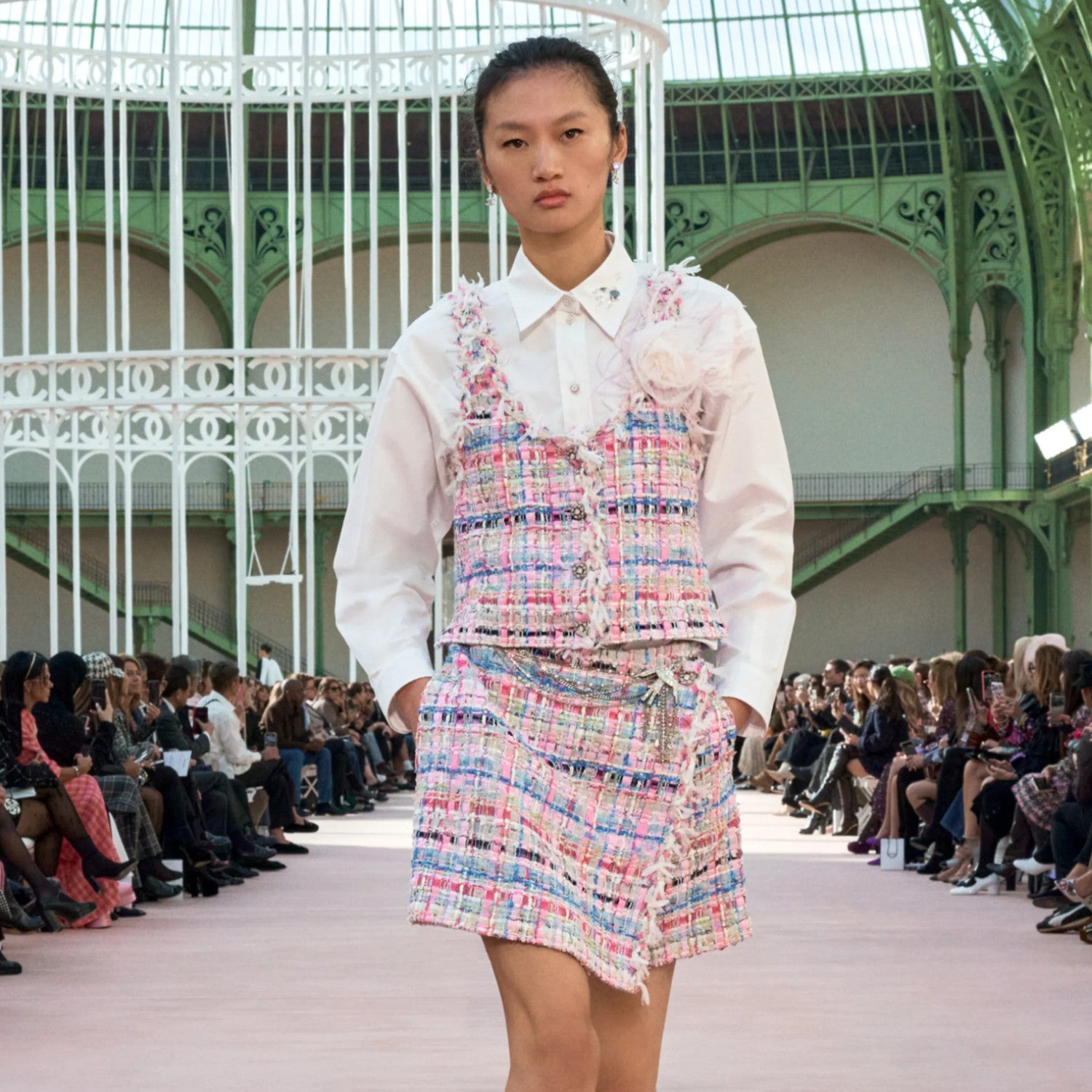 Women's Spring And Autumn High Street Cotton And Silk Tweed Multicolor Round Neck Sleeveless Vest Casual Mid Waist Shorts Ngvp #1551