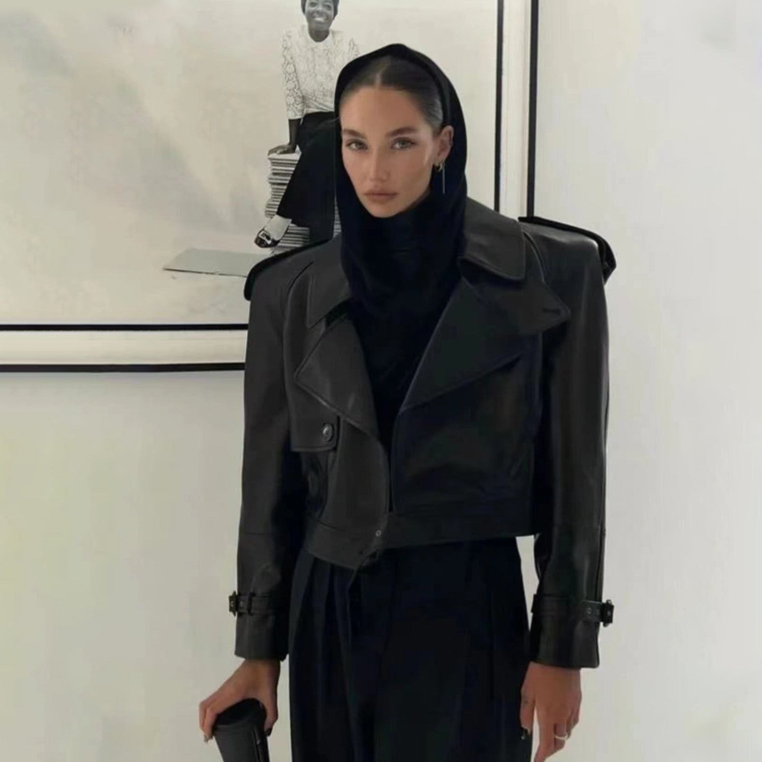 Women's Spring And Autumn Fashion High Street Sheepskin Lapel Short Leather Button Biker Leather Jacket Ngvp #8158