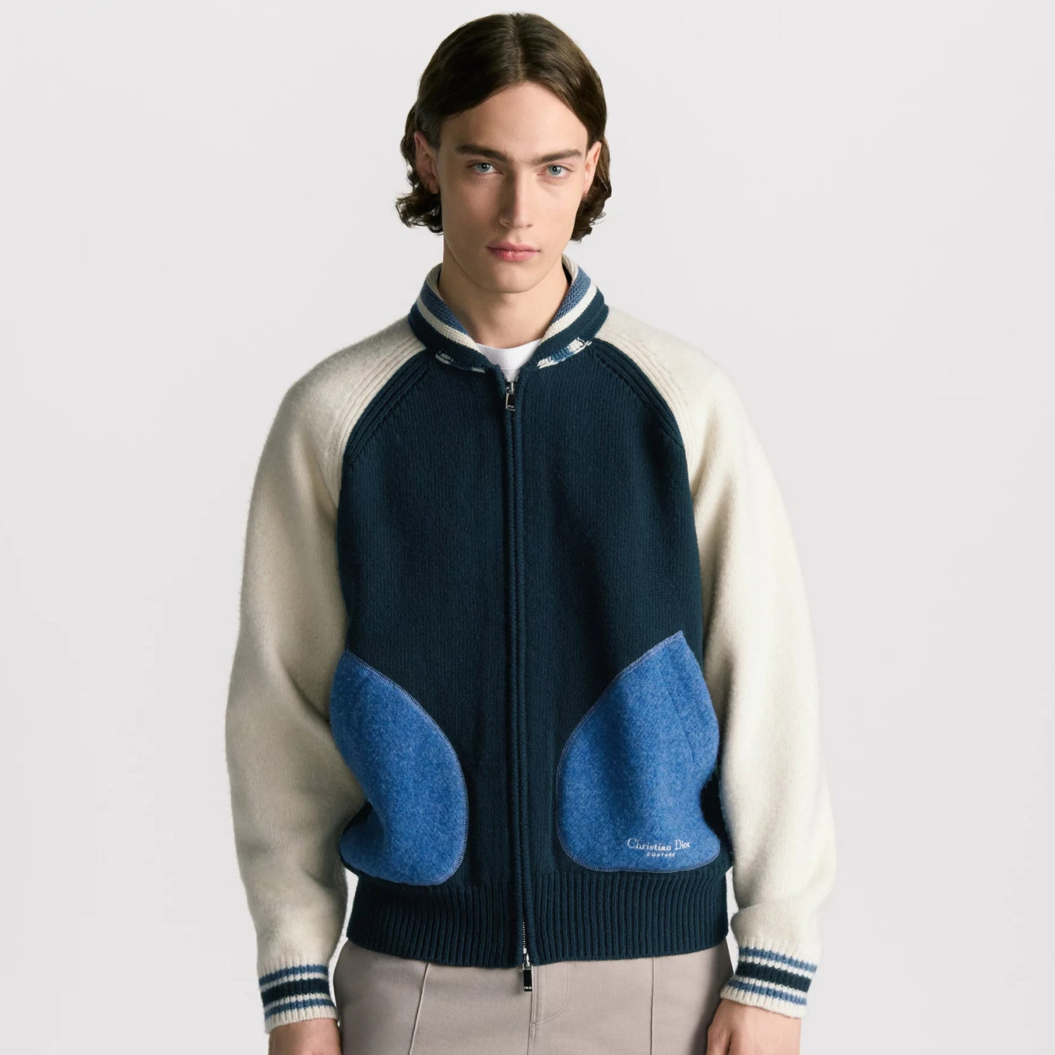 CD Men's Spring/Fall Vintage College-Style Color-Block Wool Sweater with Floral Embroidery Plain-Knit Long-Sleeve Oversized Cardigan #81595