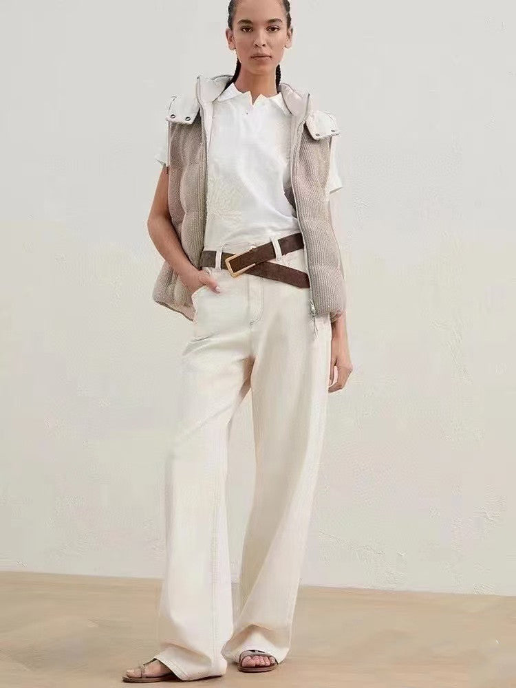 Women's Fall/winter Cotton British Ribbed Knit Down Vest Hooded Drawstring Sleeveless Jacket Ngvp #2417