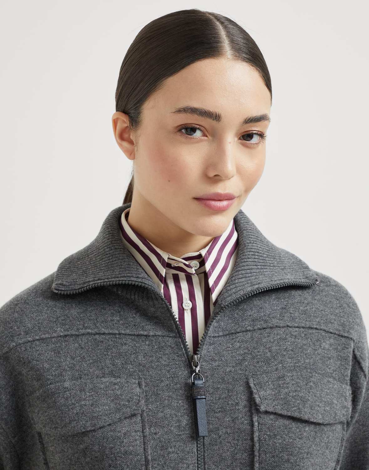 Women's Spring/Fall Cashmere High-Neck Zipper Coat Solid Color Long-Sleeve Double-Faced Knit Cardigan With Shiny Zipper Pull Ngvp #2312