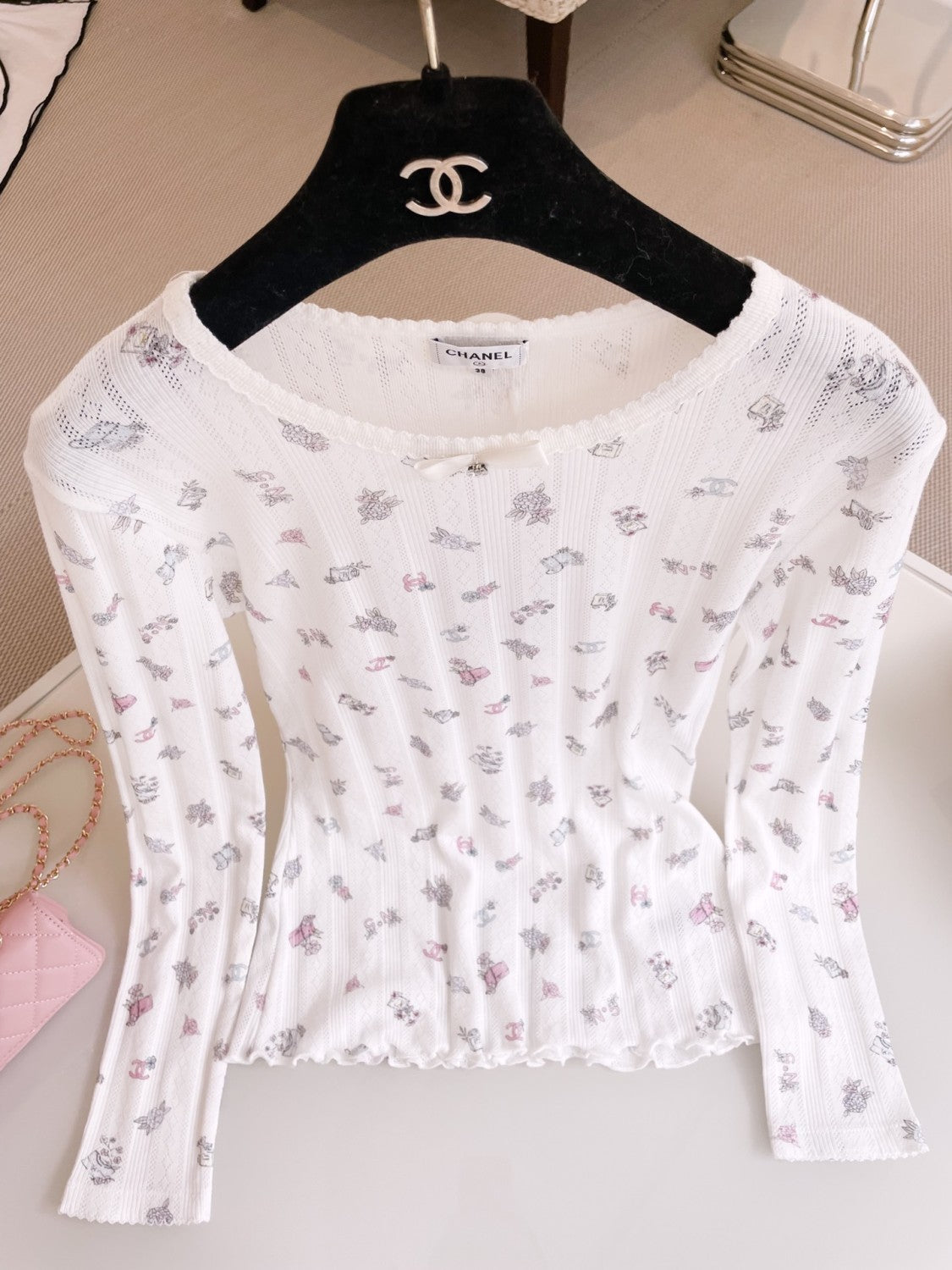 Women's Summer White Bow Rhinestone Hollow Lace Knit Long Sleeve Top #74473