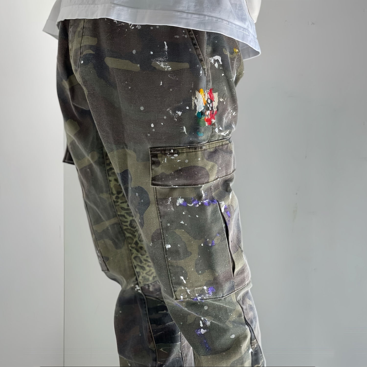 Men's Women's Four Seasons Camouflage Colorblocking Washed Pants Pocket Zipper Casual Straight Leg Pants Ngvp #7874