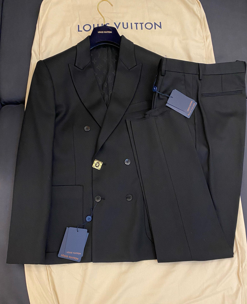 Men's Spring And Fall Black Wool Twill Double Breasted Blazer Jacket Casual Pants Suit Set #98626
