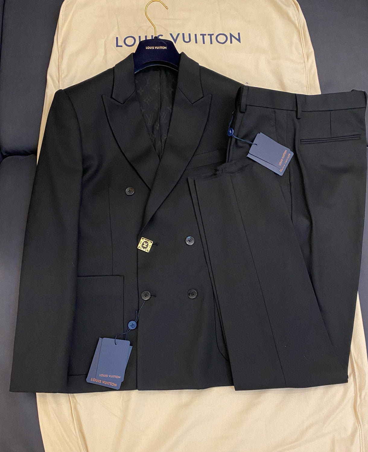 Men's Spring And Fall Black Wool Twill Double Breasted Blazer Jacket Casual Pants Suit Set #98626