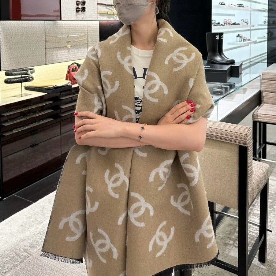 25B all-over logo print 95% Merino wool 5% Mulberry silk Double-sided large shawl Scarf Accessories #82514A