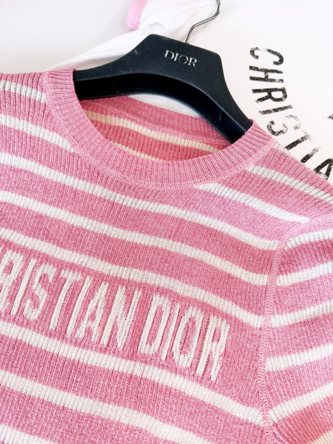 Women's Dioriviera Spring & Autumn Colorblocked Stripe Silk Linen Blend Short Sleeve Knit Stretch Sweater #81294