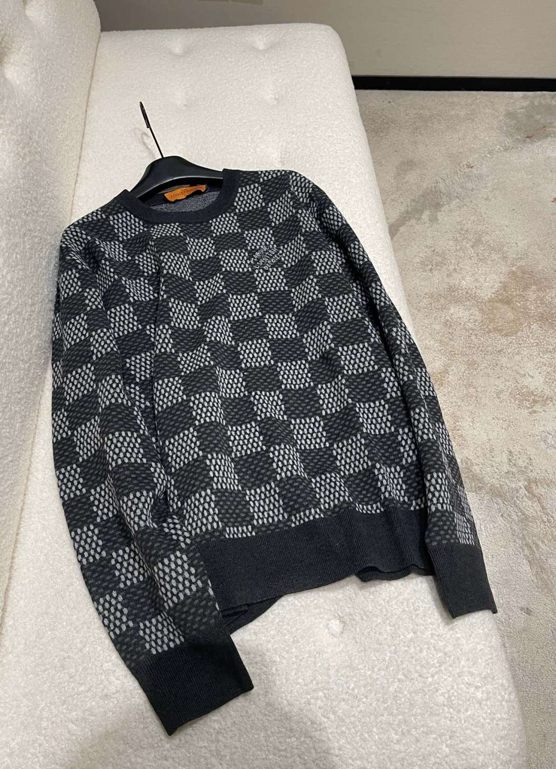Men's Spring and Autumn Black Checkerboard Print Logo Pattern Round Neck Long Sleeve Sweater #73789
