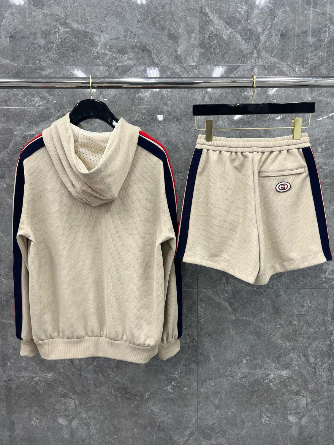 Men's Summer Striped Logo Print Hooded Sweatshirt Pullover Tie High Waisted Shorts Set Suit #98813