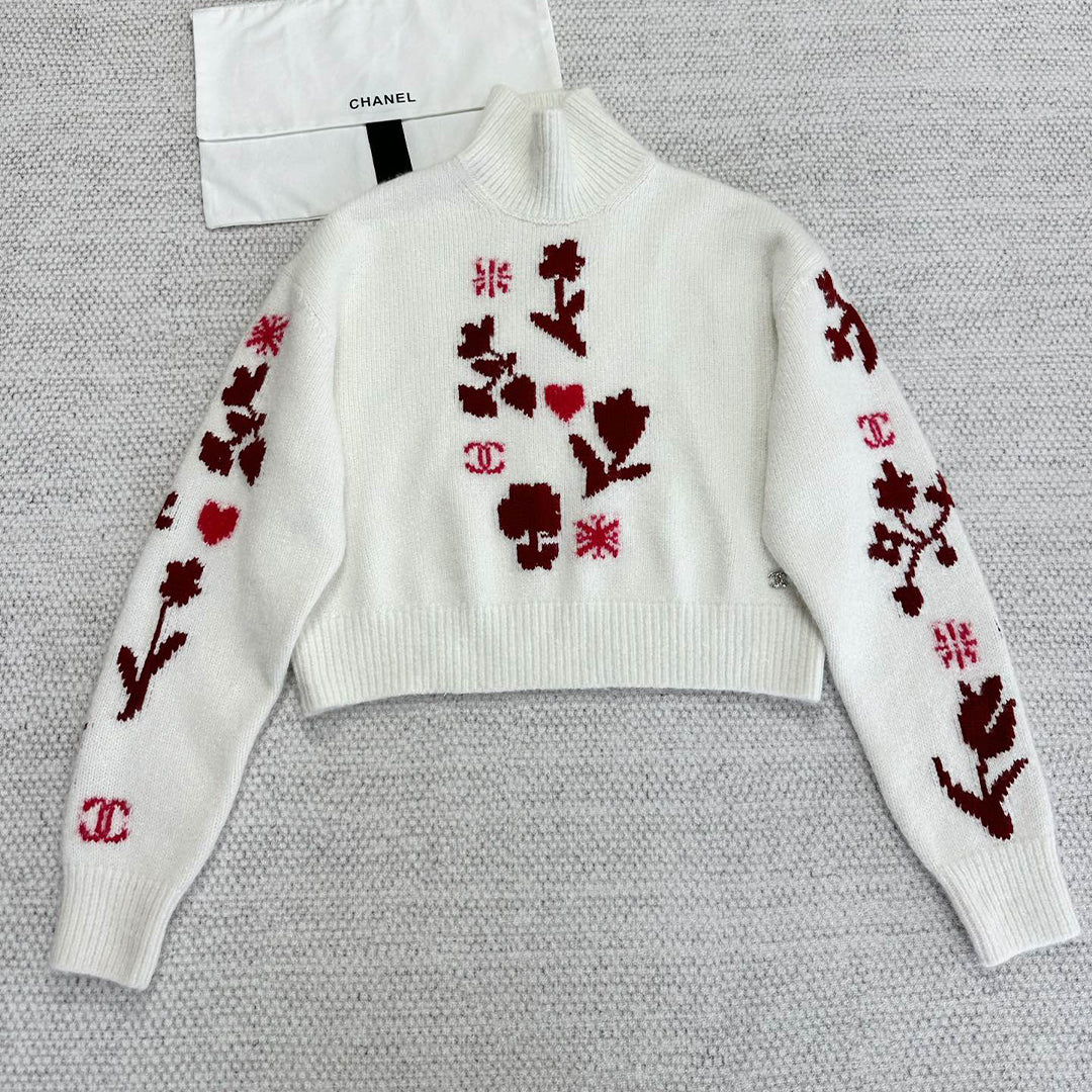 Women's Spring. Autumn And Winter Floral Embroidery Solid Color High Neck Pullover Long Sleeve Cashmere Knit Sweater #71915