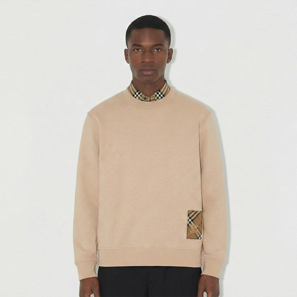 Men's Pure Cotton Terry Checked Panel Logo Sweatshirt Crew Neck Top #82544A