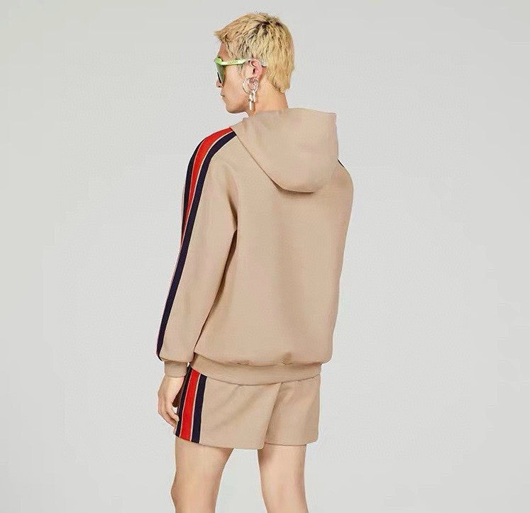 Men's Summer Striped Logo Print Hooded Sweatshirt Pullover Tie High Waisted Shorts Set Suit #98813