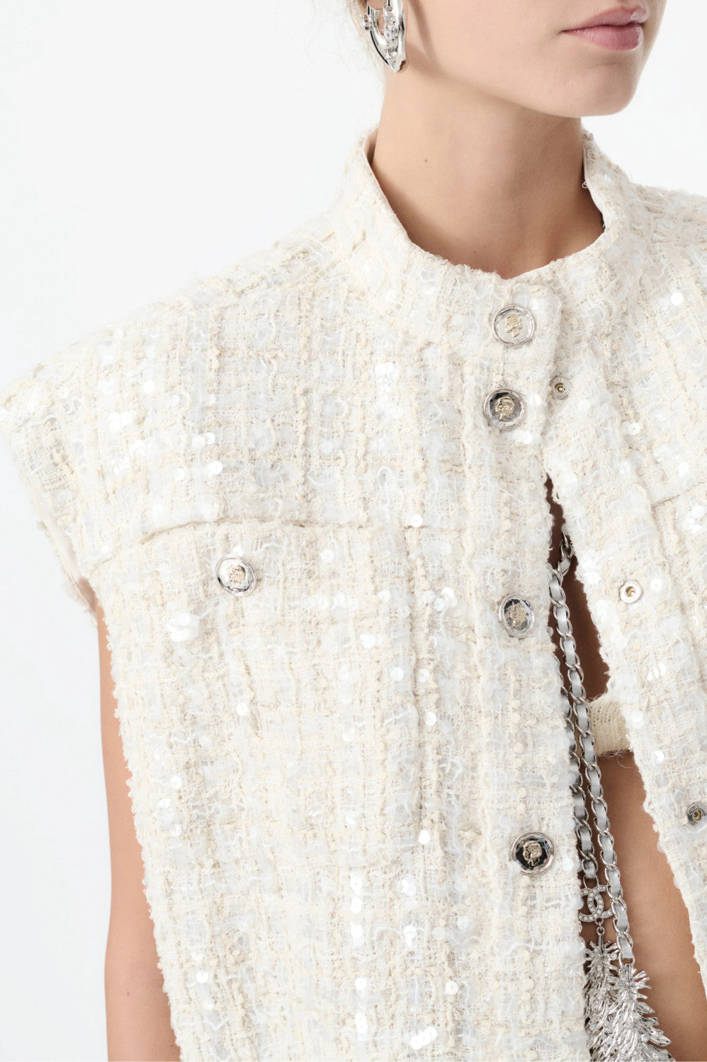 Women's Spring And Summer Sequins Tweed Single-breasted Vest Jacket Fashion Elegant Chic White Button Vest Ngvp #1971