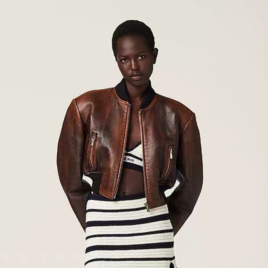 Women's Spring. Autumn And Winter Solid Color Retro Baseball Collar Zipper Short Loose Long-Sleeved Sheepskin Jacket Coat Ngvp #8493