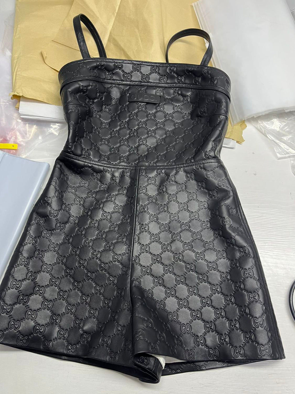 Women's Spring/Summer Alphabet Embossed Printed Solid Color Leather Halter Jumpsuit #75151