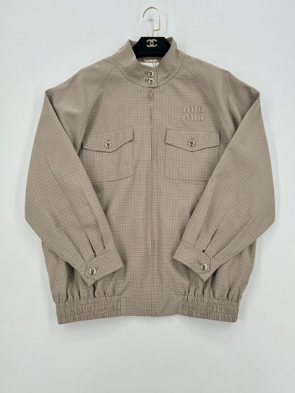 Women's Spring and Autumn Plaid Embroidery Logo Letter Standing Collar Waistband Zipper Long Sleeve Jacket #72865