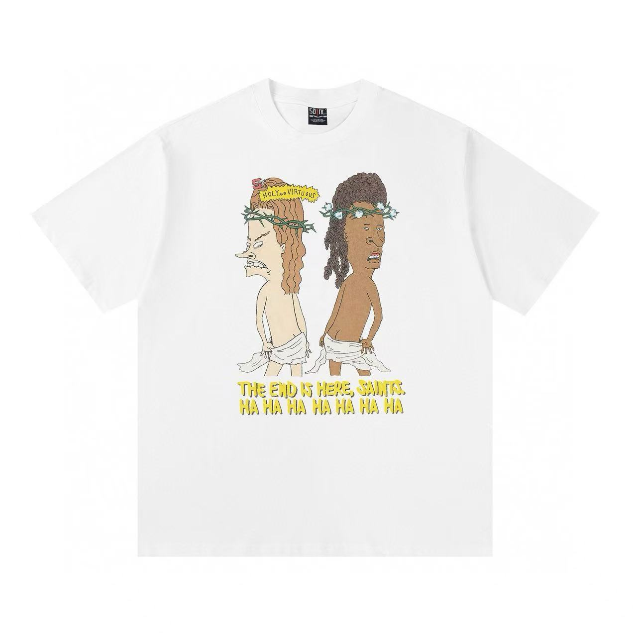 Saint Michael Men's Summer Solid Color Character Printed Round Neck Loose Aged Cotton Short Sleeve T-Shirt Ngvp #7919