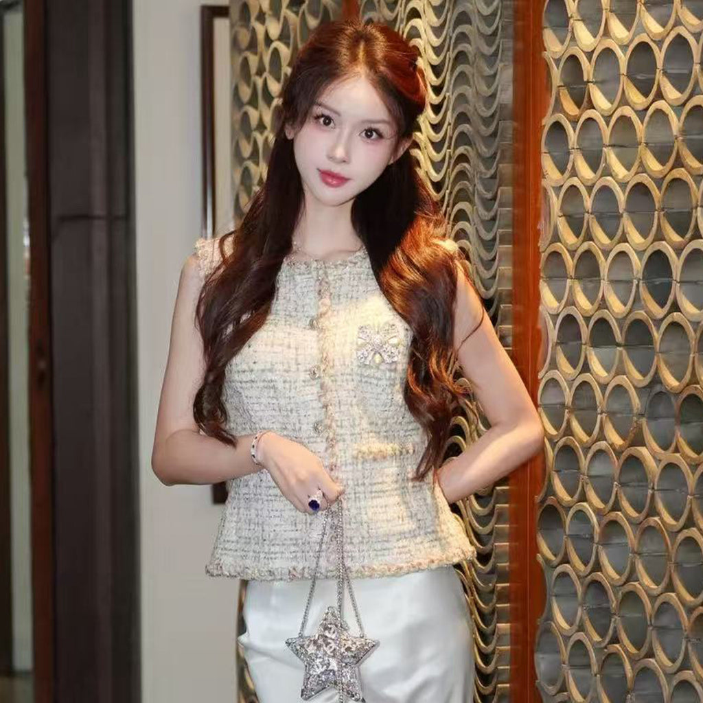 Mtiers D'art Collection Tweed Gold Thread Vest Women's Spring And Summer Short Sleeveless Undershirt Tops Fashionable And Elegant Trend Jacket Ngvp #2222