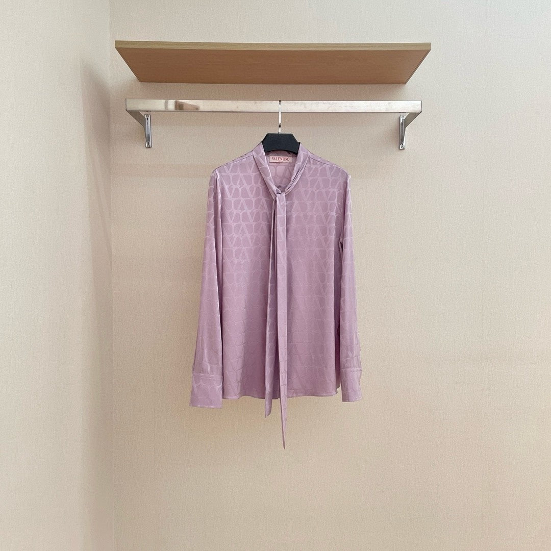 Women's Summer Dark Print Silk Fabric Tie Long Sleeve Shirt #72554