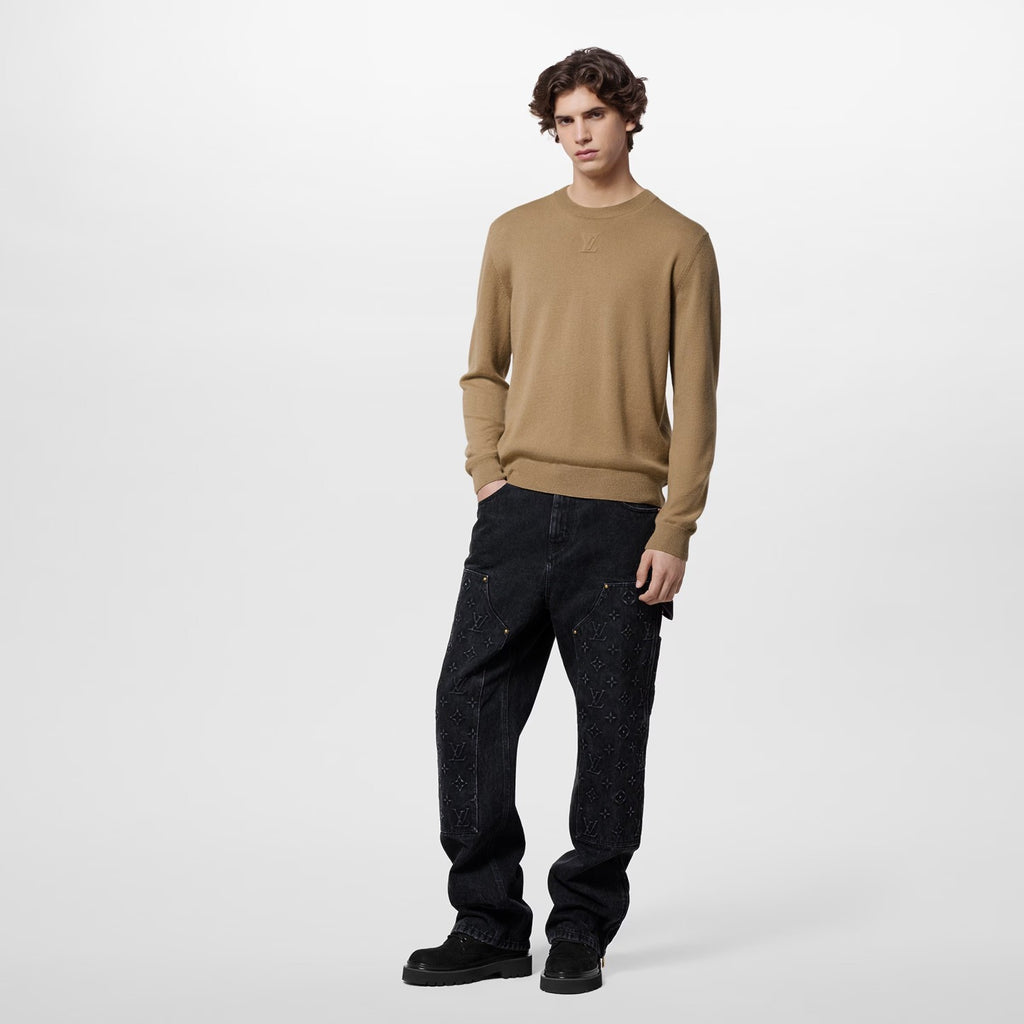 Men's Spring And Fall Solid Color LV Embossed Round Neck Long Sleeve Fitted Pullover Cashmere Sweater  #72183