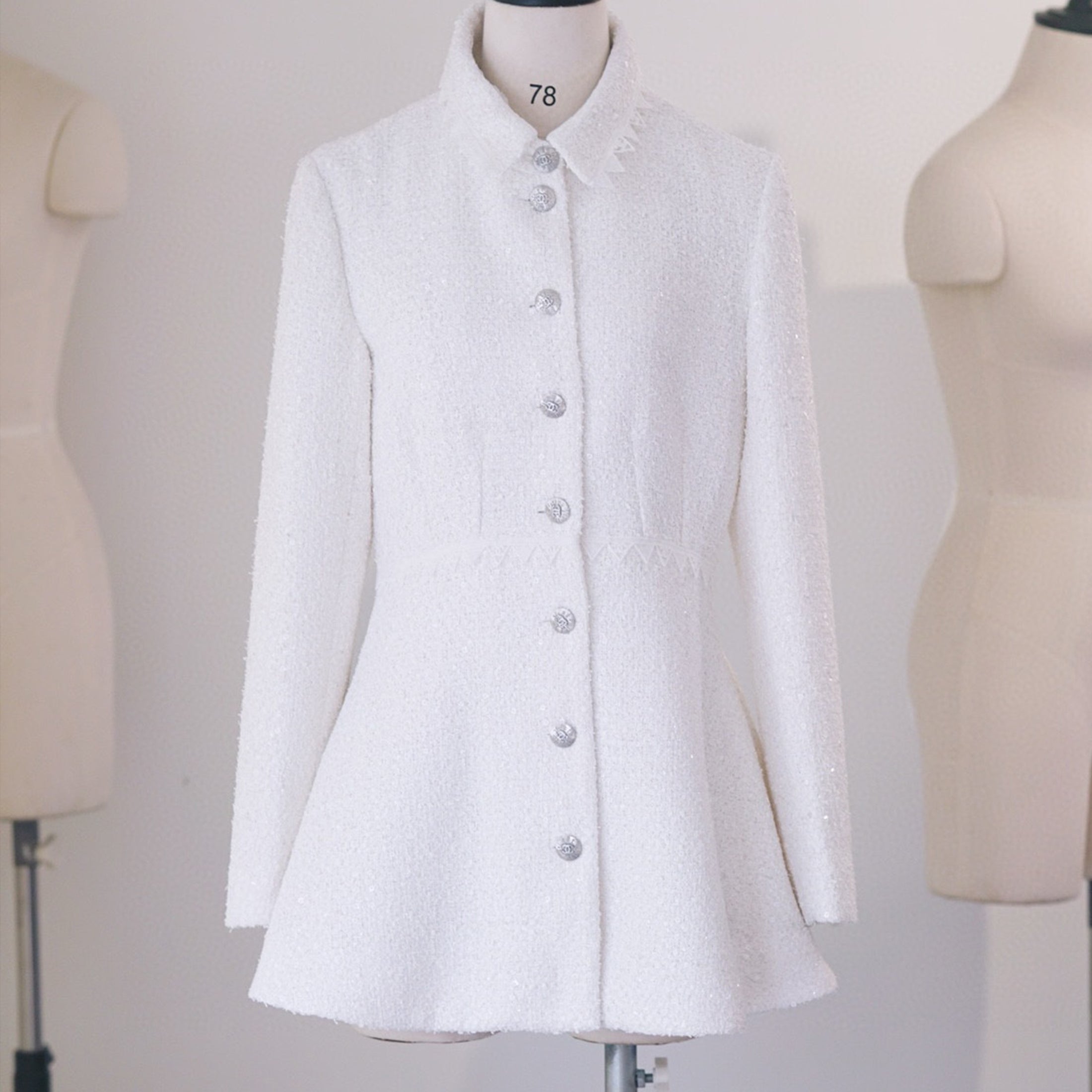 Women's Spring And Autumn White Sequin Lapel Single Breasted Coarse Tweed Waist Jacket Dress Ngvp #8526